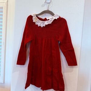 Chloe Girls Red Knit Long Sleeve Dress with White Lace Collar